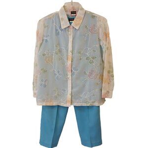 Salon Studio Womens SZ SP 3 Pc Set: Floral Sheer Blouse Sleeveless Top Pants C20